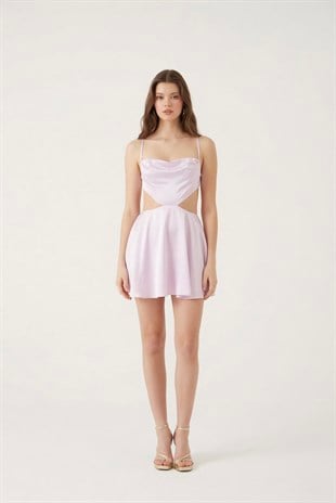 Sırt Dekolteli Saten Mini Sheri Elbise Pembe