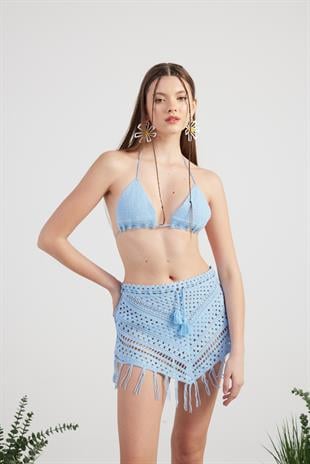 Desenli Bağlamalı Yazlık Alt Üst Chacha Triko Takım Mavi