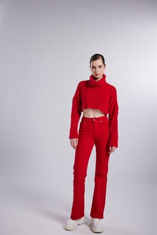 Yüksek Bel Slim Flare Likralı Alert Jean Pantolon Kırmızı