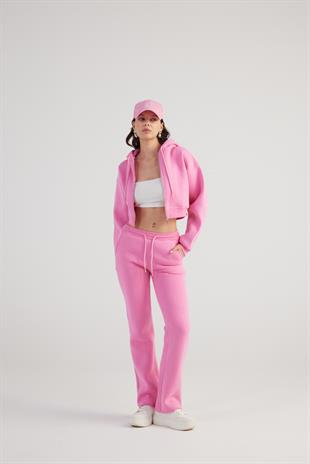 Kadın Pembe Yüksek Bel Straight Kesim Şardonlu Mixed Eşofman Altı