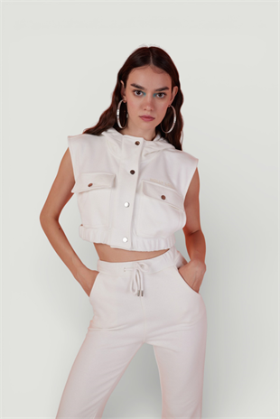 Kapişonlu Çıtçıt Kapamalı 3 İplik Jura Yelek Beyaz