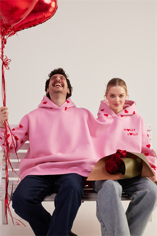 Kalp Baskılı Çift Giyilir Lovebombing Sweatshirt Pembe