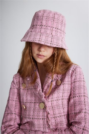 Tüvit Kumaş Logolu Bucket Tweed Şapka Pembe