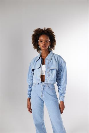 Crop Model Düğmeli Crespo Ceket Mavi