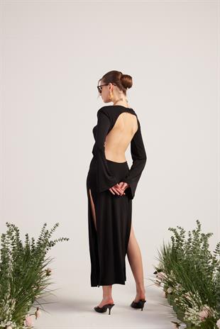 Esnek Kumaş Sırt Dekolteli Uzun Cameron Elbise Siyah