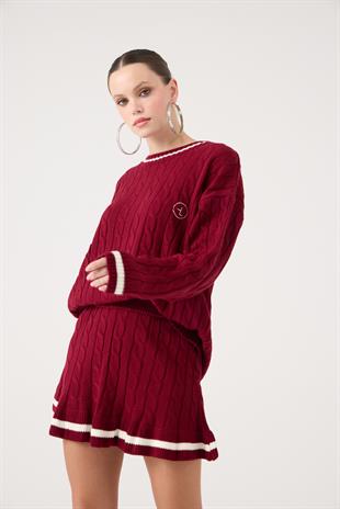 Beli Lastikli Örgü Desenli Mini Triko Harold Etek Bordo