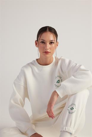 3 İplik Şardonlu Uzun Kol Bisiklet Yaka Fine Sweatshirt Ekru