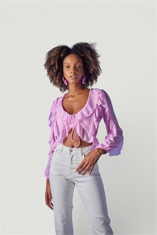 Crop Model Bağlamalı Kol Detaylı Elsa Bluz Pembe