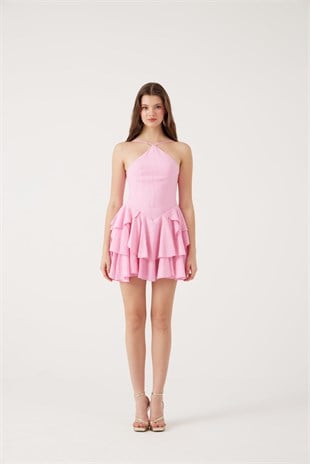 Fırfırlı Halter Yaka Mini Keira Elbise Pembe