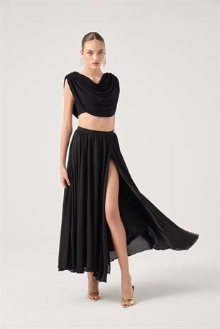 Şifon Etekli Pelerin Bluz Büstiyer 3 lü Alanna Takım Siyah
