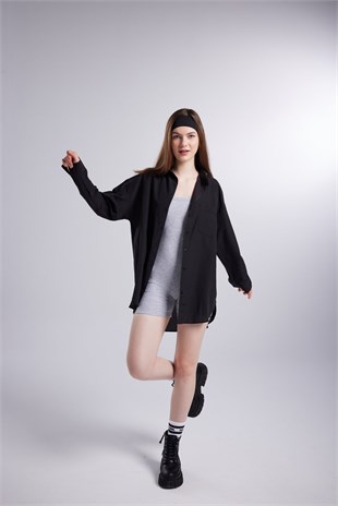 Cepli Oversize Kesim Lovesize Gömlek Siyah