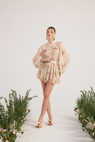 Çiçekli Gömlek ve Şort Etekli Valeria Takım Bej