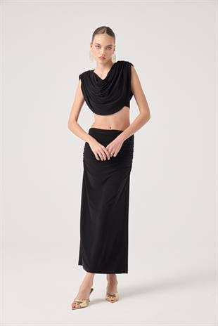 Pelerinli Askılı Büstiyerli ve Uzun Etekli 3lü Yulia Takım Siyah