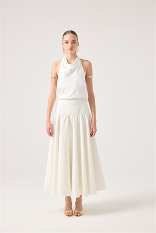 Fermuarlı Uzun Elenor Etek Beyaz