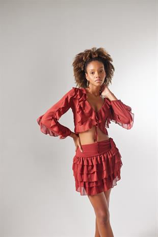 Beli Lastikli Volanlı Mini Elsa Etek Kahve