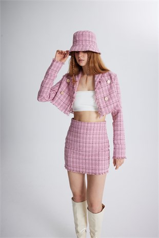 Tüvit Kumaş Mini Tweed Etek Pembe