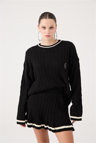 Logolu Örgü Desenli Oversize Triko Harold Kazak Siyah