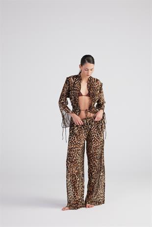 Beli Lastikli Leopar Desenli Şifon Savage Pantolon Kahve