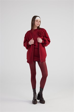 Oversize Çıkarılabilir Gül Detaylı Astarlı Alexa Bomber Ceket Bordo