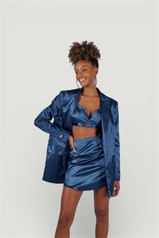 Mini Boy Fermuarlı Saten Fancy Etek Lacivert