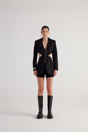 Bel Dekolteli Fermuarlı Voila Blazer Ceket Siyah