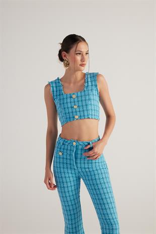 Tüvit Kumaş Crop Tweed Büstiyer Mavi