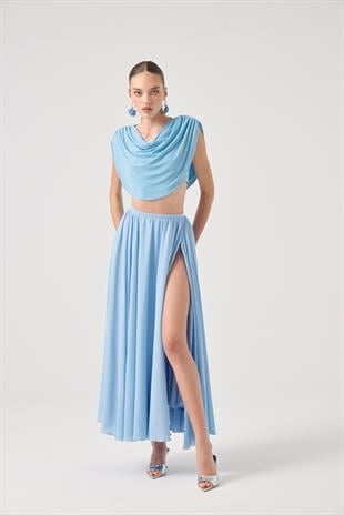 Şifon Etekli Pelerin Bluz Büstiyer 3 lü Alanna Takım Mavi