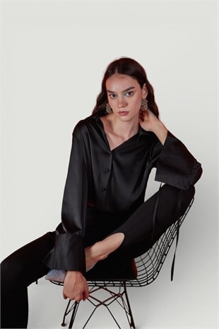 Özel Dokulu Saten Crop Silky Gömlek Siyah