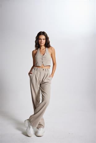 Boyun Bağlamalı Crop Striped Yelek Bej