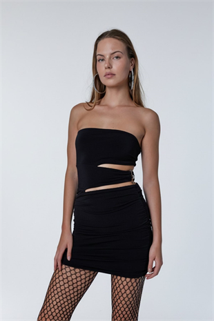 Straplez Mini Buble Elbise Siyah
