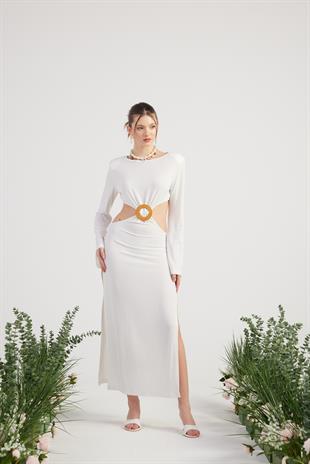 Esnek Kumaş Sırt Dekolteli Uzun Cameron Elbise Beyaz