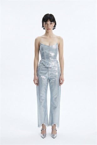 Özel Yapım Parlak Kaplamalı Glossy Jean Pantolon Mavi