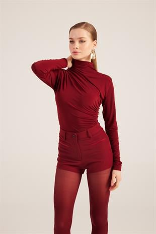 Yüksek Bel Fermuarlı Mini Bailey Şort Bordo