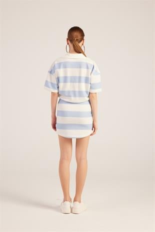 Polo Yaka Çizgili Mini Pamela Elbise Mavi 