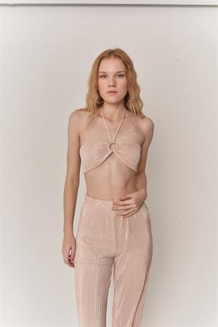 Kadın Bej Crop Bağlamalı Cardy Bluz