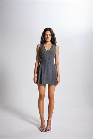 Beli Korse Detaylı Çizgili Mini Norma Elbise Gri