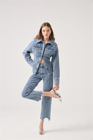 Özel Kumaş Efektli Laura Jean Pantolon Mavi