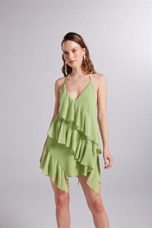 Fırfır Detaylı Bel Dekolteli Şifon Capri Elbise Yeşil