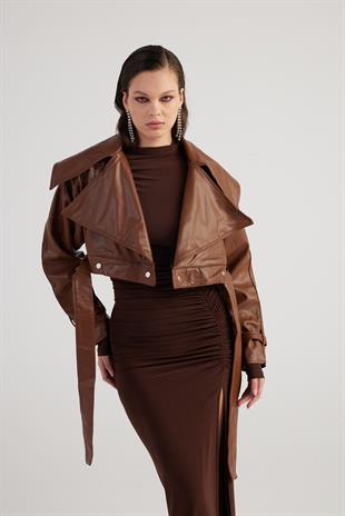 Crop Model Astarlı Kemerli Neeko Deri Ceket Kahverengi