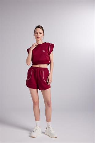 Crop Kesim Kontrast Dikişli Rhode Tshirt Bordo