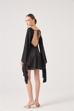 Sırtı Açık İspanyol Kol Saten Halle Elbise Siyah