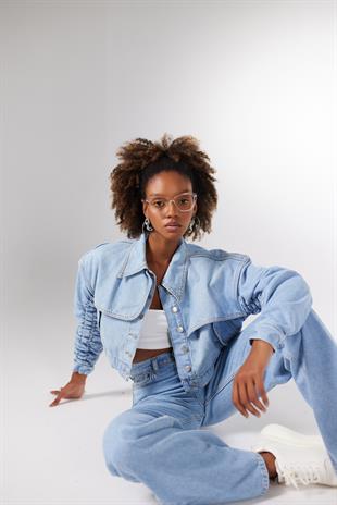 Crop Model Düğmeli Crespo Ceket Mavi