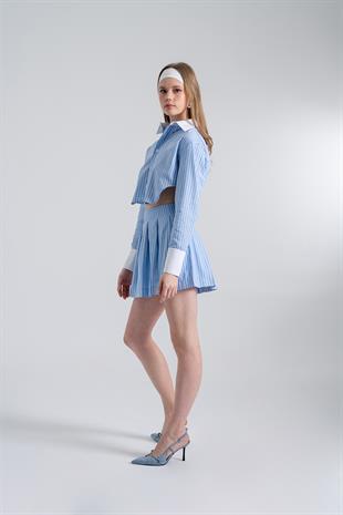 Çizgili Pilili Mini Harmony Poplin Etek Mavi