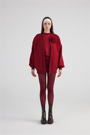Oversize Çıkarılabilir Gül Detaylı Astarlı Alexa Bomber Ceket Bordo