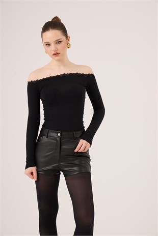 Madonna Yaka Dantelli Macy Kaşmir Bluz Siyah