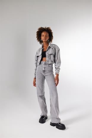 Crop Model Düğmeli Crespo Ceket Gri