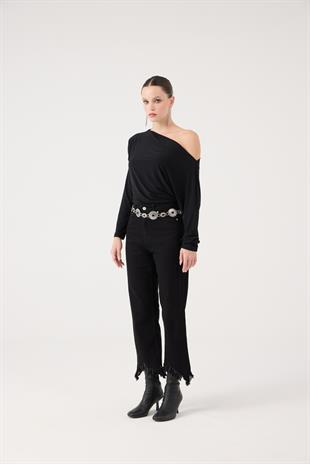 Yüksek Bel, Düğme Kapamalı, Paça Fermuar Detaylı Swan Jean Pantolon Siyah