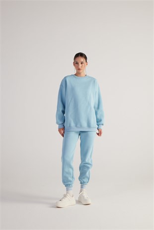 Kadın Mavi Oversize Şardonlu Yazı Baskılı Fluffy Sweatshirt