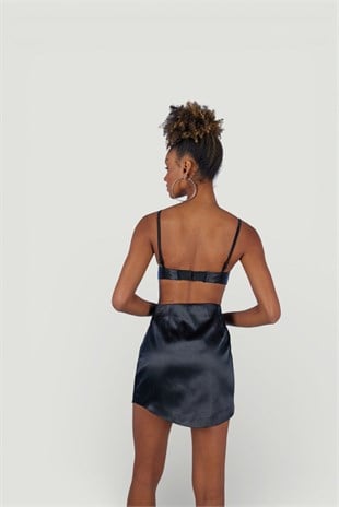 Askılı Crop Saten Fancy Büstiyer Siyah