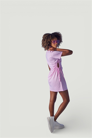 Bisiklet Yaka Kısa Kol Wex Tshirt Elbise Pembe